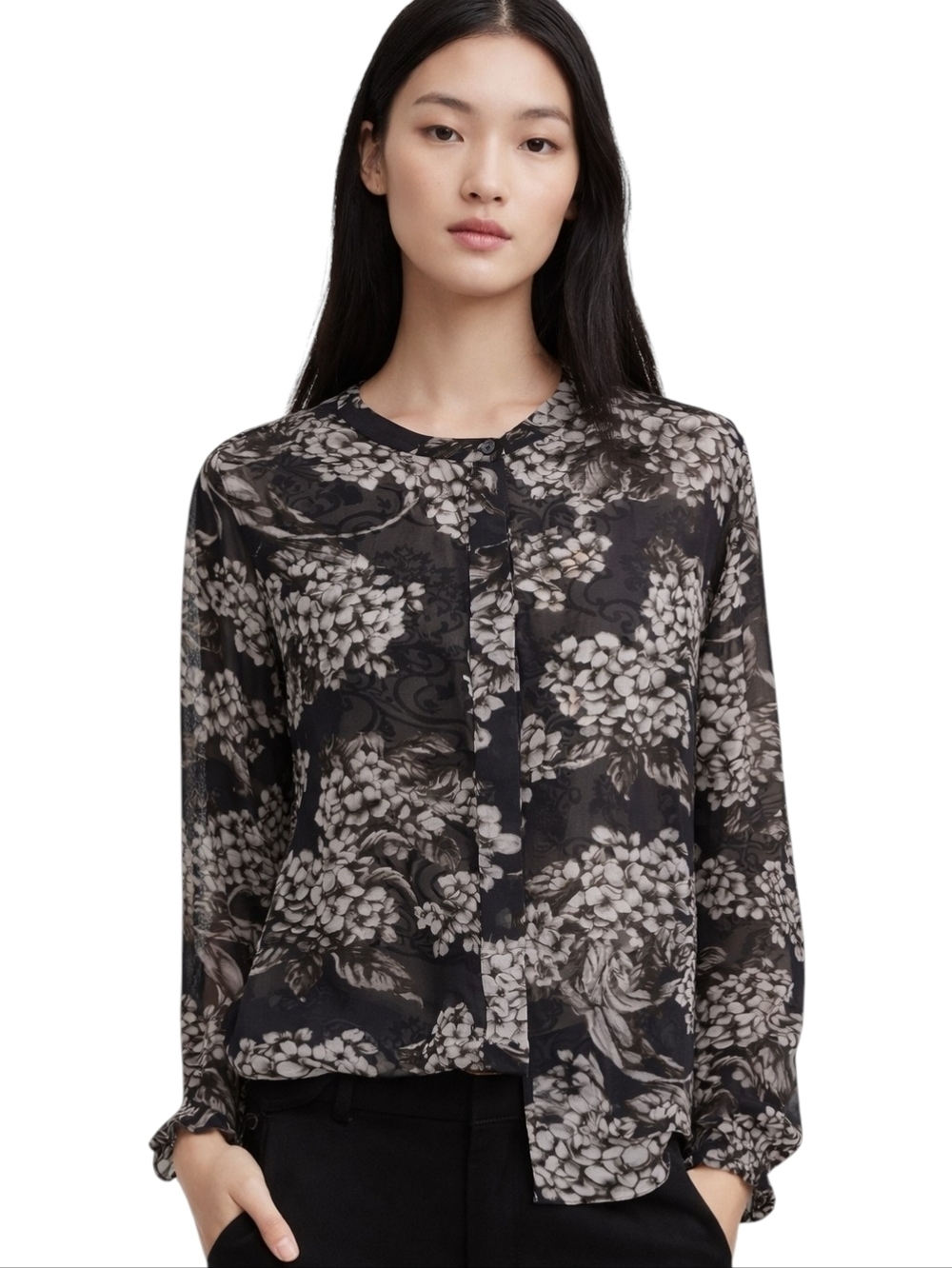 Aritzia Wilfred Giffard Blouse Women Medium Navy Silk Floral